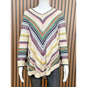 Democracy Women's Sweater Poncho Crochet Vintage Boho Hippie L Beige Striped